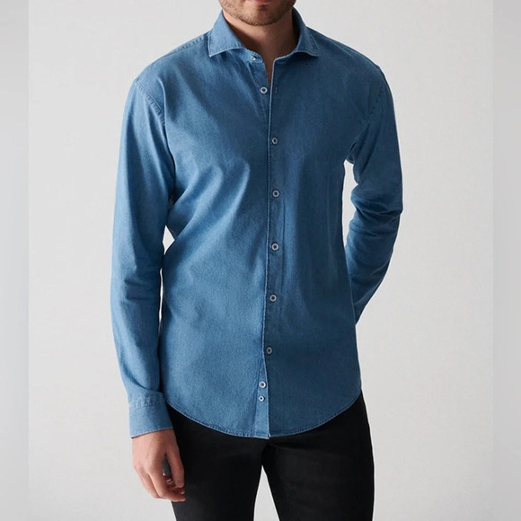 Kurt River NYC Blue Denim Cotton Button Up Shirt - NEW - Size Small Slim Fit - Picture 1 of 9